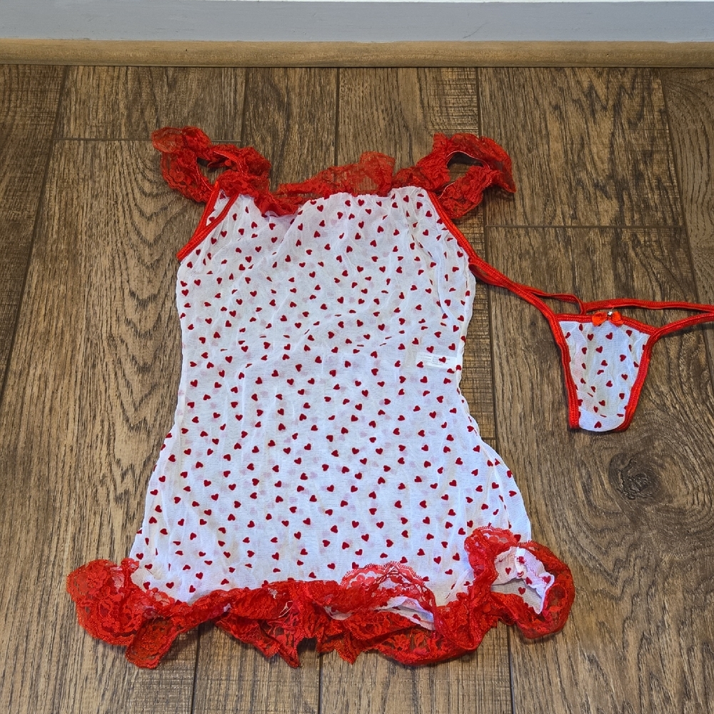 Red and White Heart Print Lingerie Set